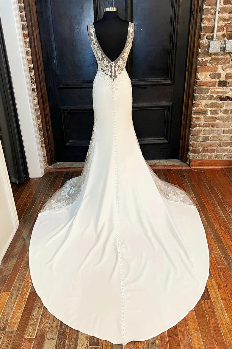 Vestido de novia largo de sirena con escote en V y espalda descubierta